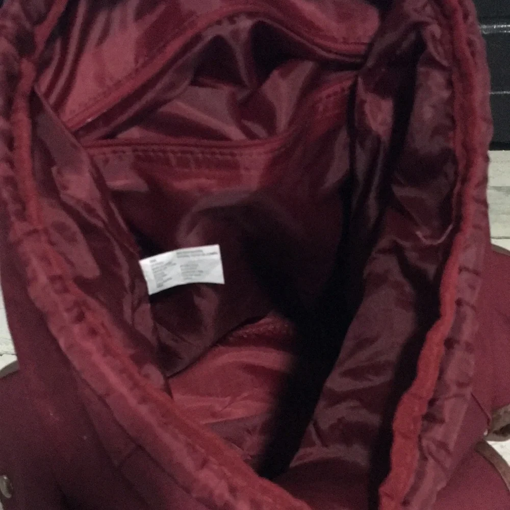 Burgundy cloth back pack white handles & white crochet flower overlay on flap